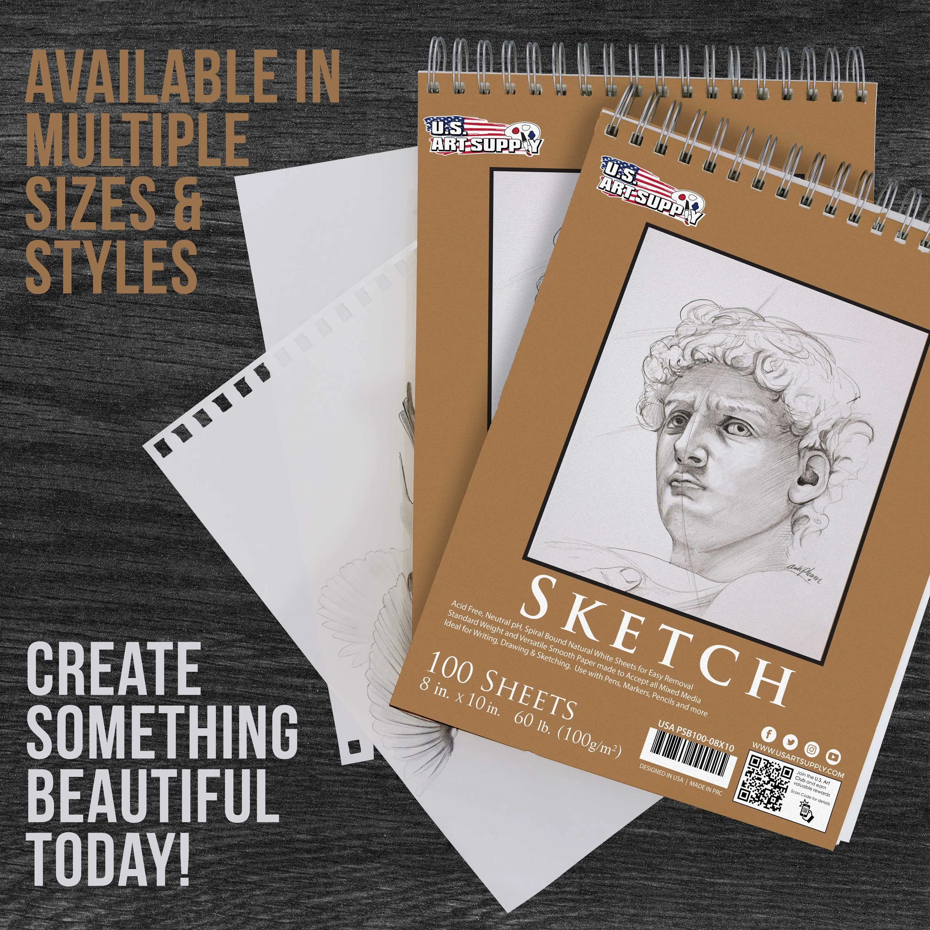 8" x 10" Premium Spiral Bound Sketch Pad, Pad of 100-Sheets, 60 Pound (100gsm) (Pack of 2 Pads)