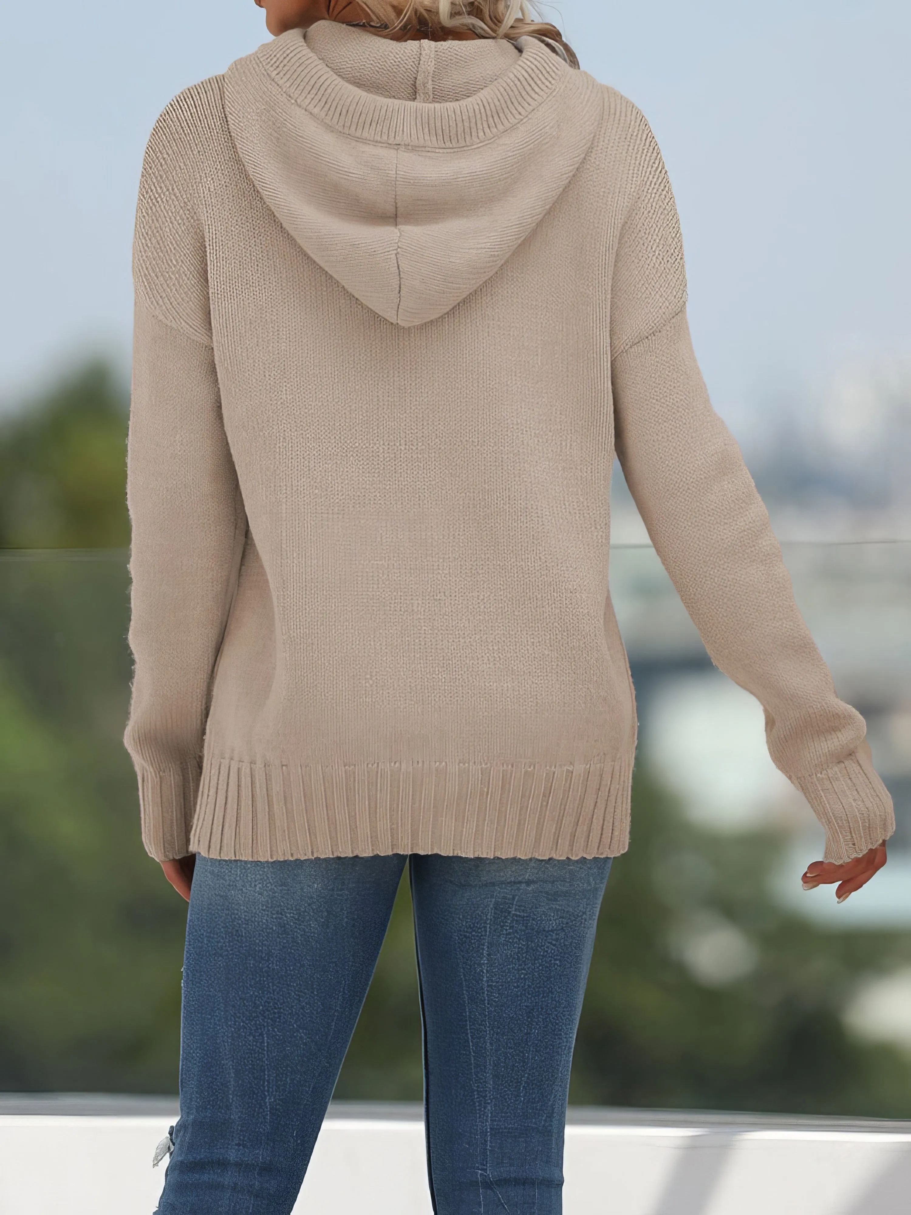 Beige Knit Pullover Hoodie with Pocket