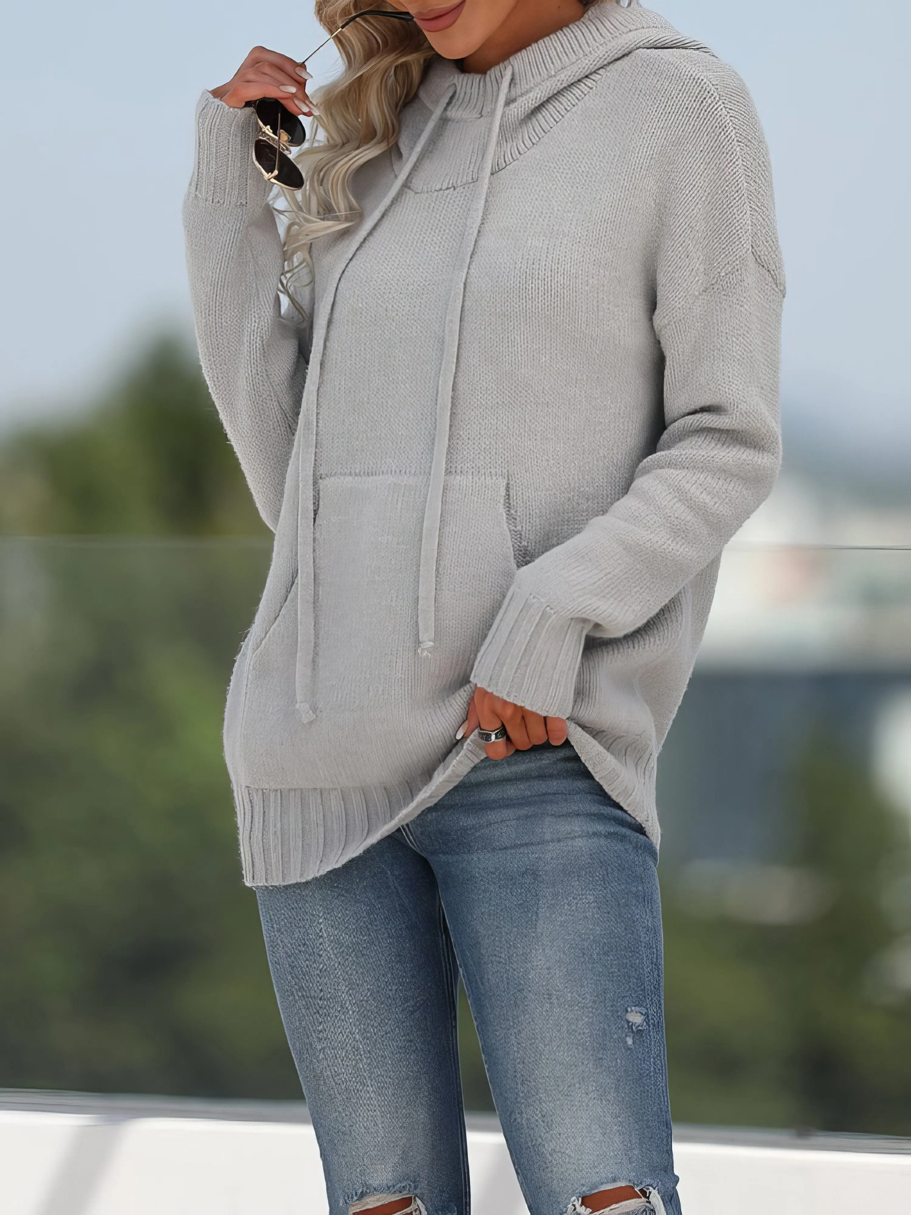 Beige Knit Pullover Hoodie with Pocket