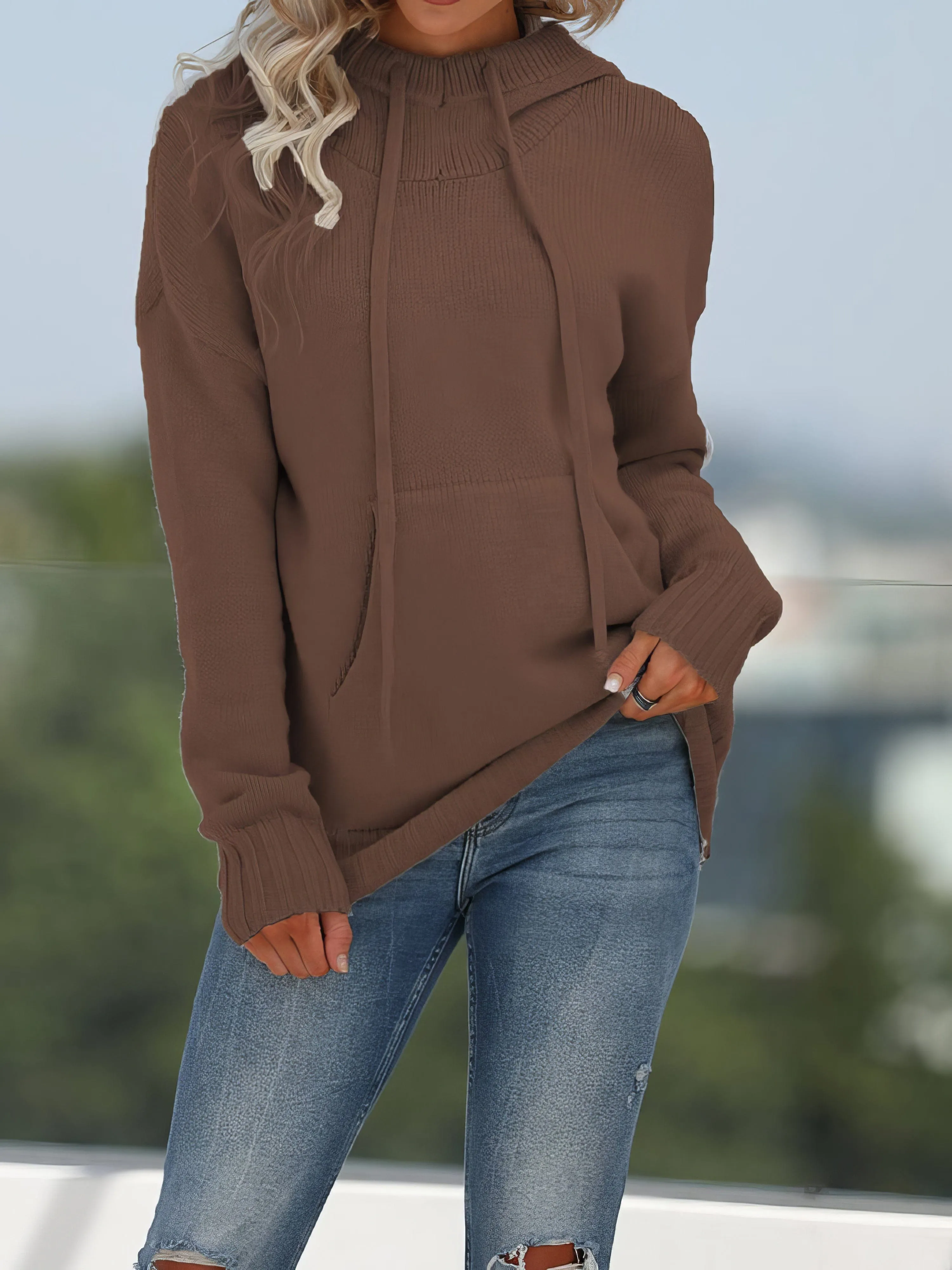 Beige Knit Pullover Hoodie with Pocket