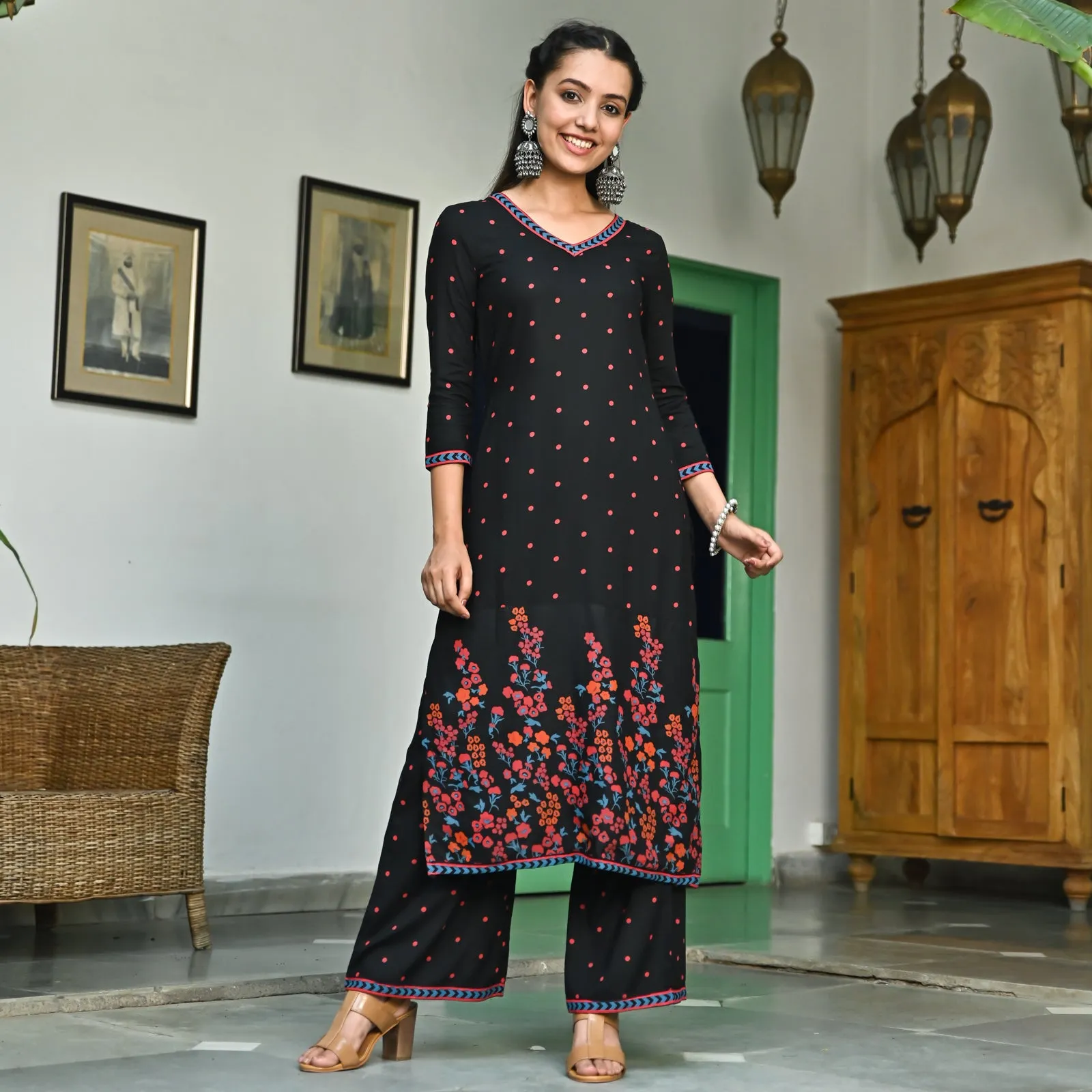 Black V Neck Polka Kurta Pant Co-ord Set