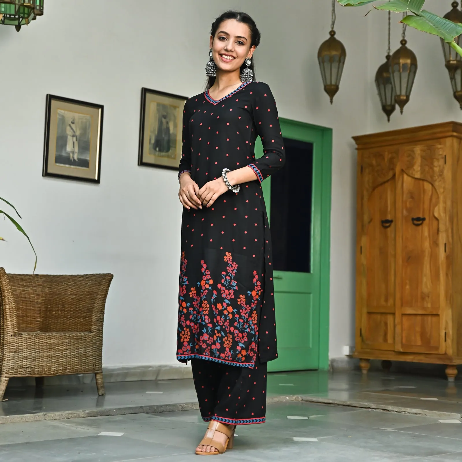 Black V Neck Polka Kurta Pant Co-ord Set