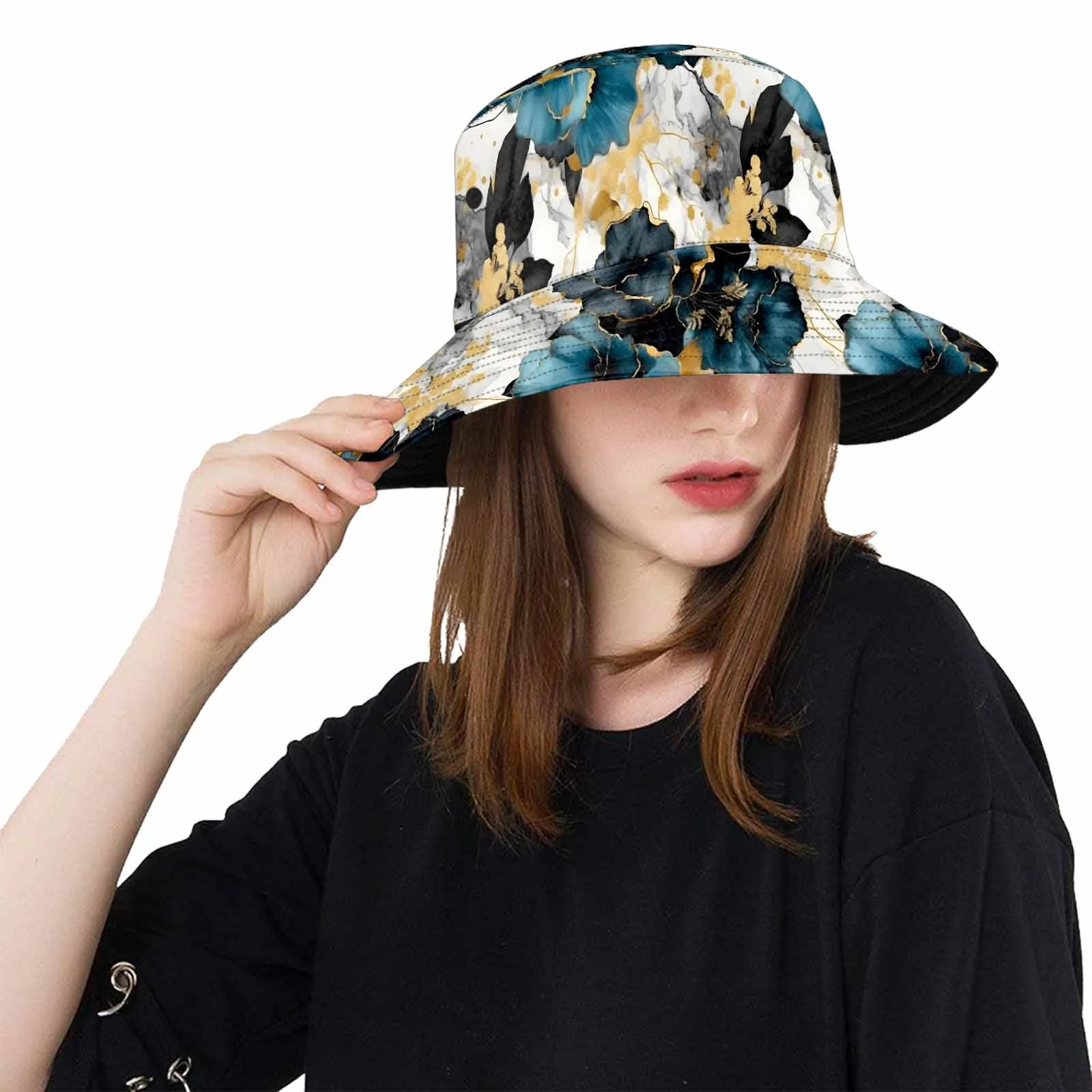 Blue & Gold Ink Floral  Unisex Summer Single-Layer Bucket Hat