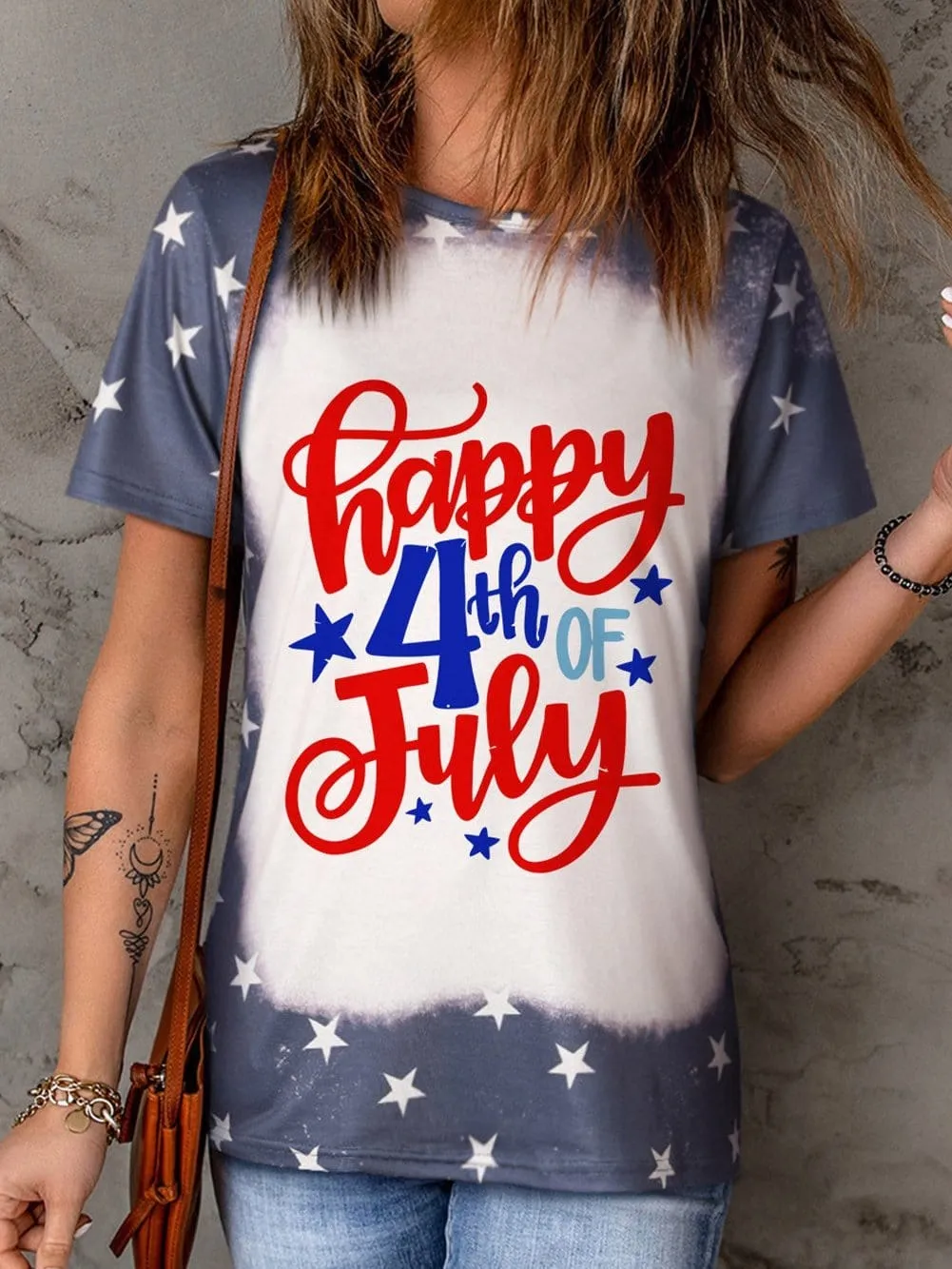 Blue Patriotic Bleached Stars Print Tee