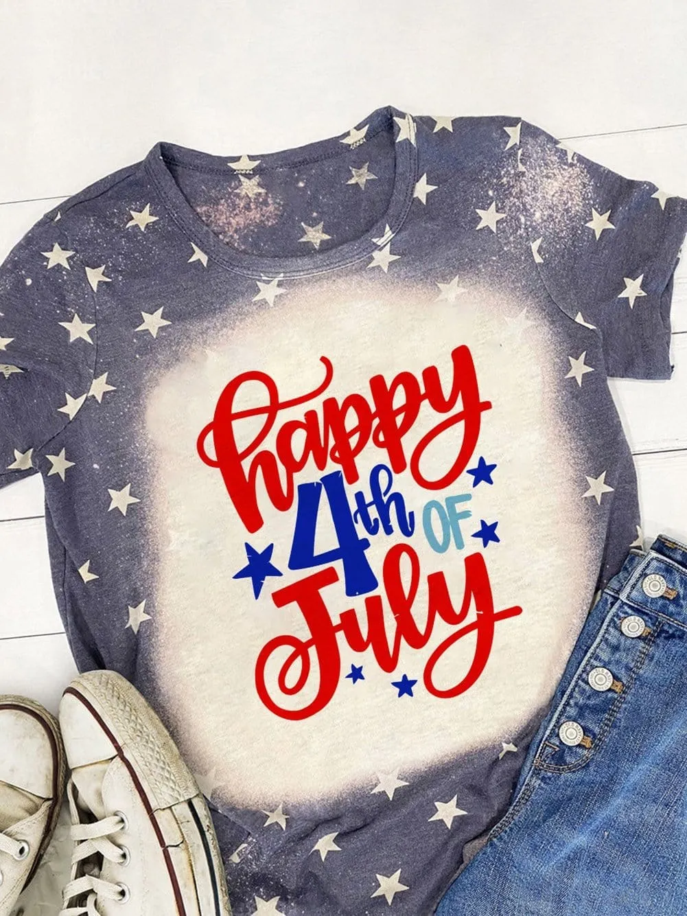 Blue Patriotic Bleached Stars Print Tee