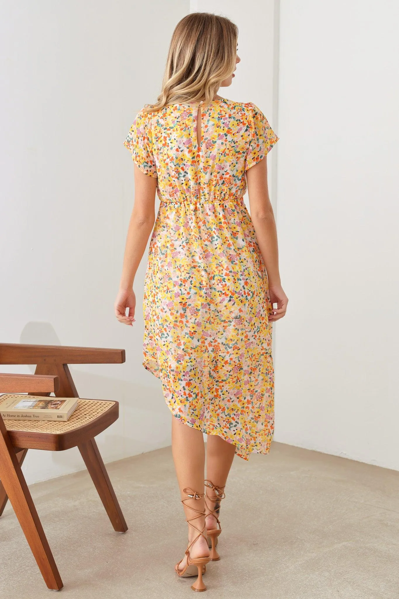 Bohemian Asymmetrical Yellow Floral Short Sleeve Midi Dress