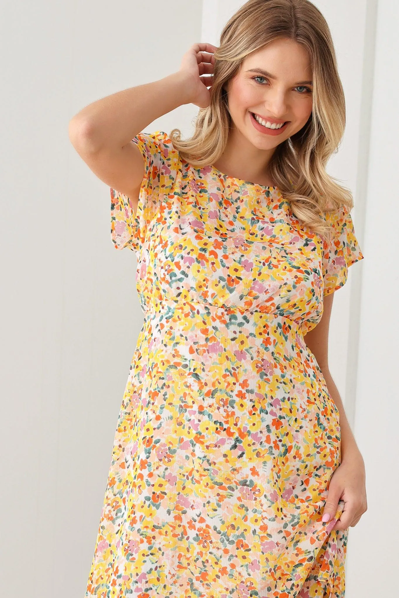 Bohemian Asymmetrical Yellow Floral Short Sleeve Midi Dress