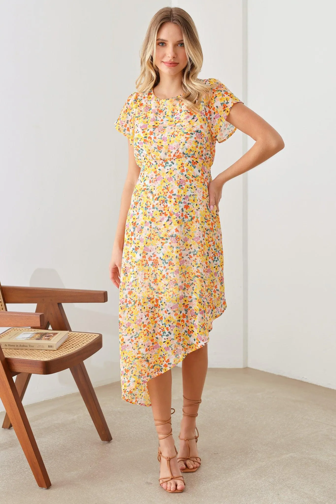 Bohemian Asymmetrical Yellow Floral Short Sleeve Midi Dress