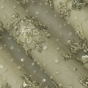 Cream Color Net Sequins Embroidery Fabric