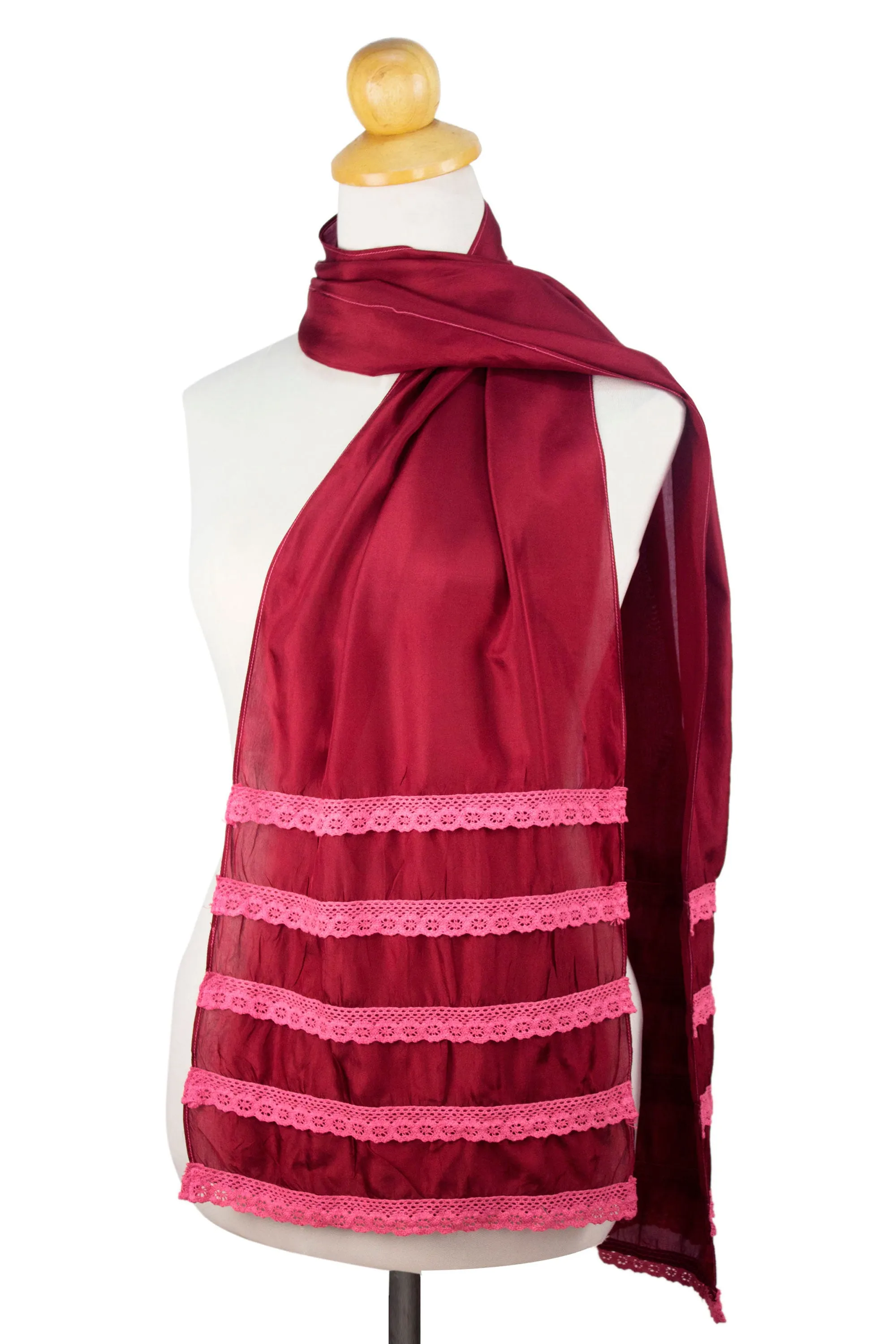 Floral Wine Pink Lace Trimmed Burgundy Silk Blend Scarf