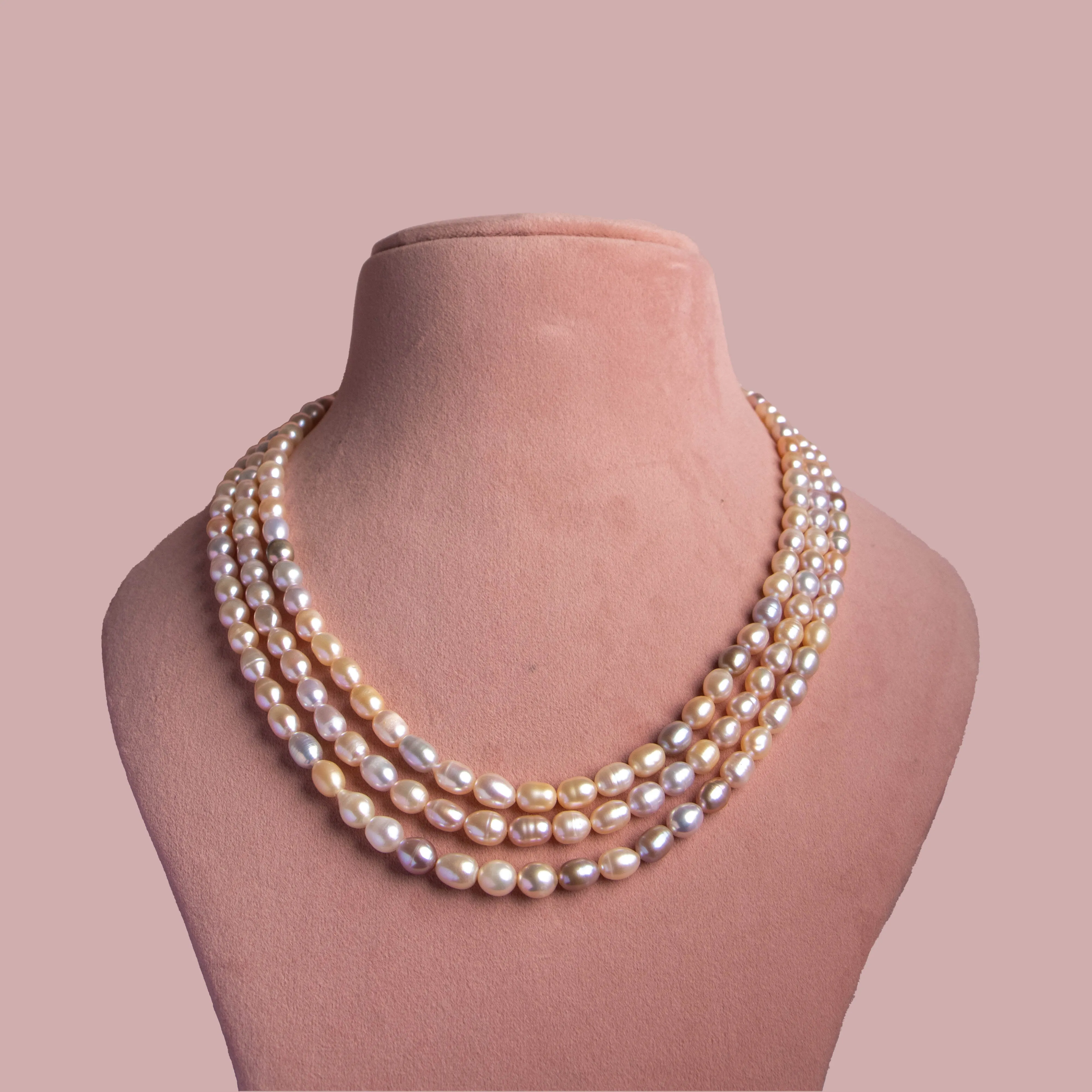 Fresh Water Pearl Necklace - 3 Layered - Rice Pearls