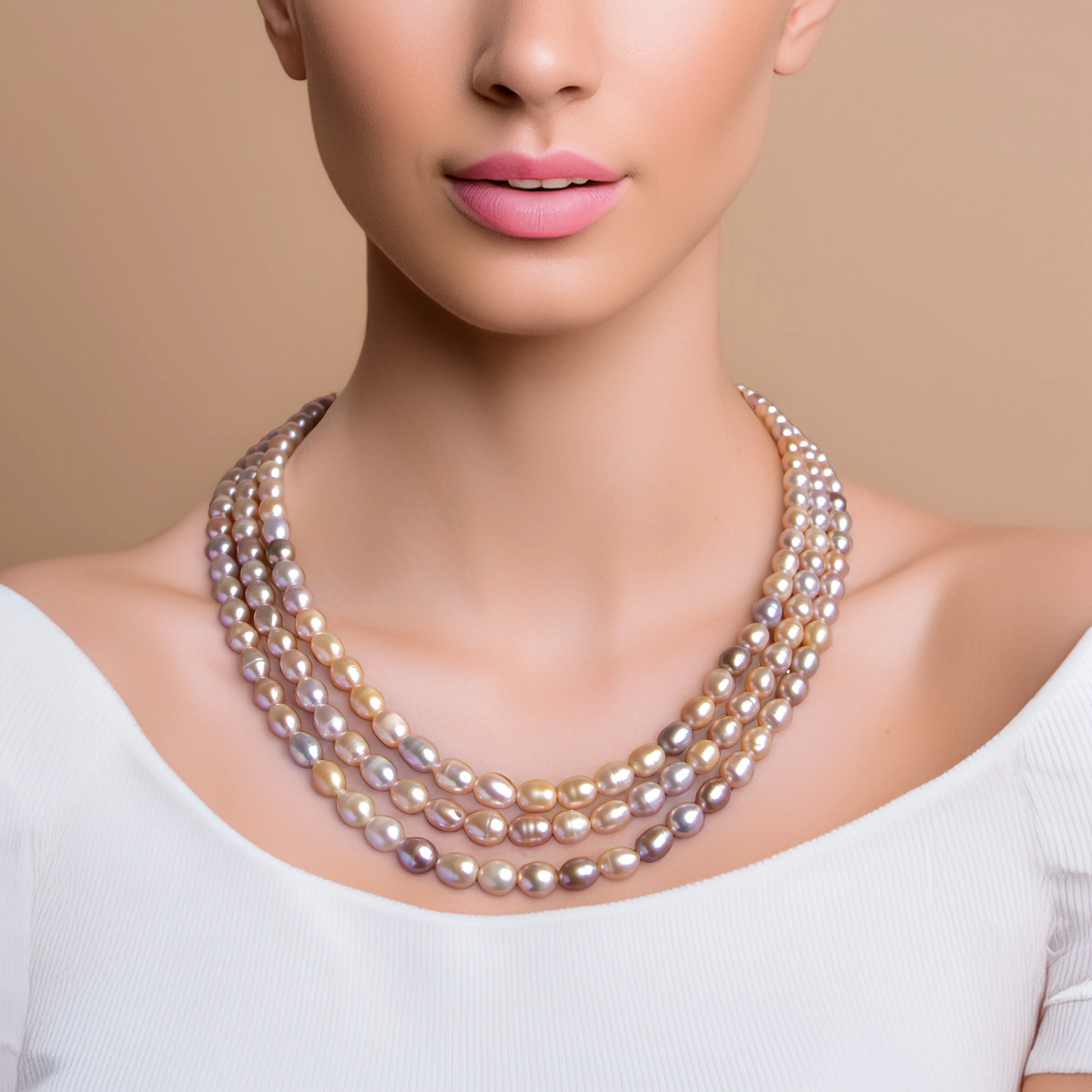 Fresh Water Pearl Necklace - 3 Layered - Rice Pearls