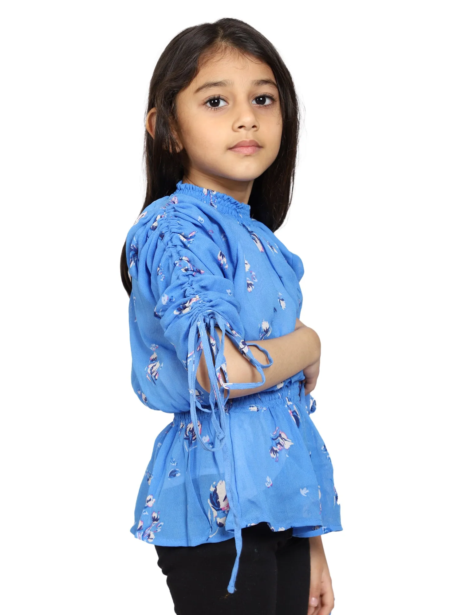 Girls Gathered Sleeve Top with Fitted Waist