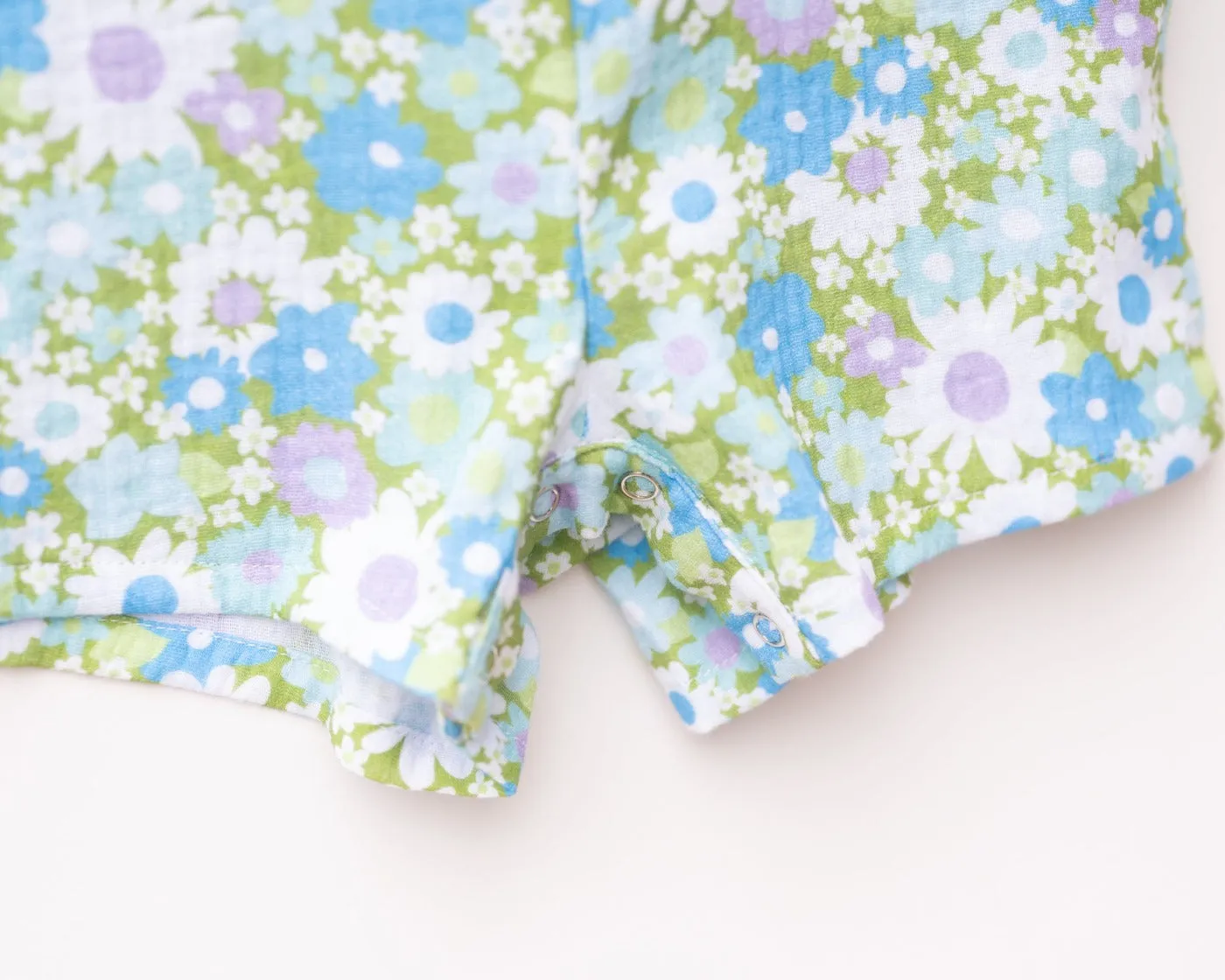 Green And Blue Flower Power Double Gauze Romper For Babies And Toddler Girls