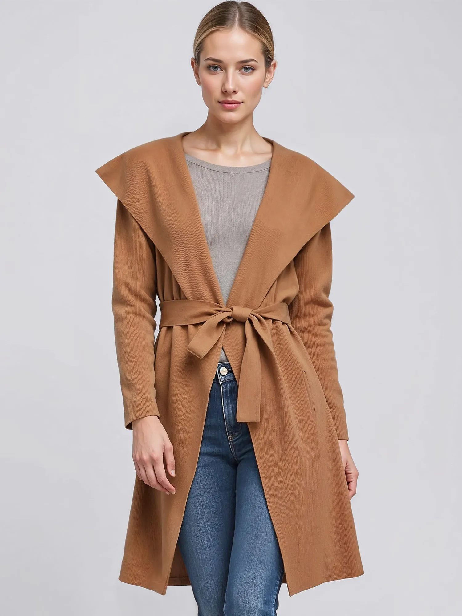 Open Tie Waist Ribbed Sweater Coat