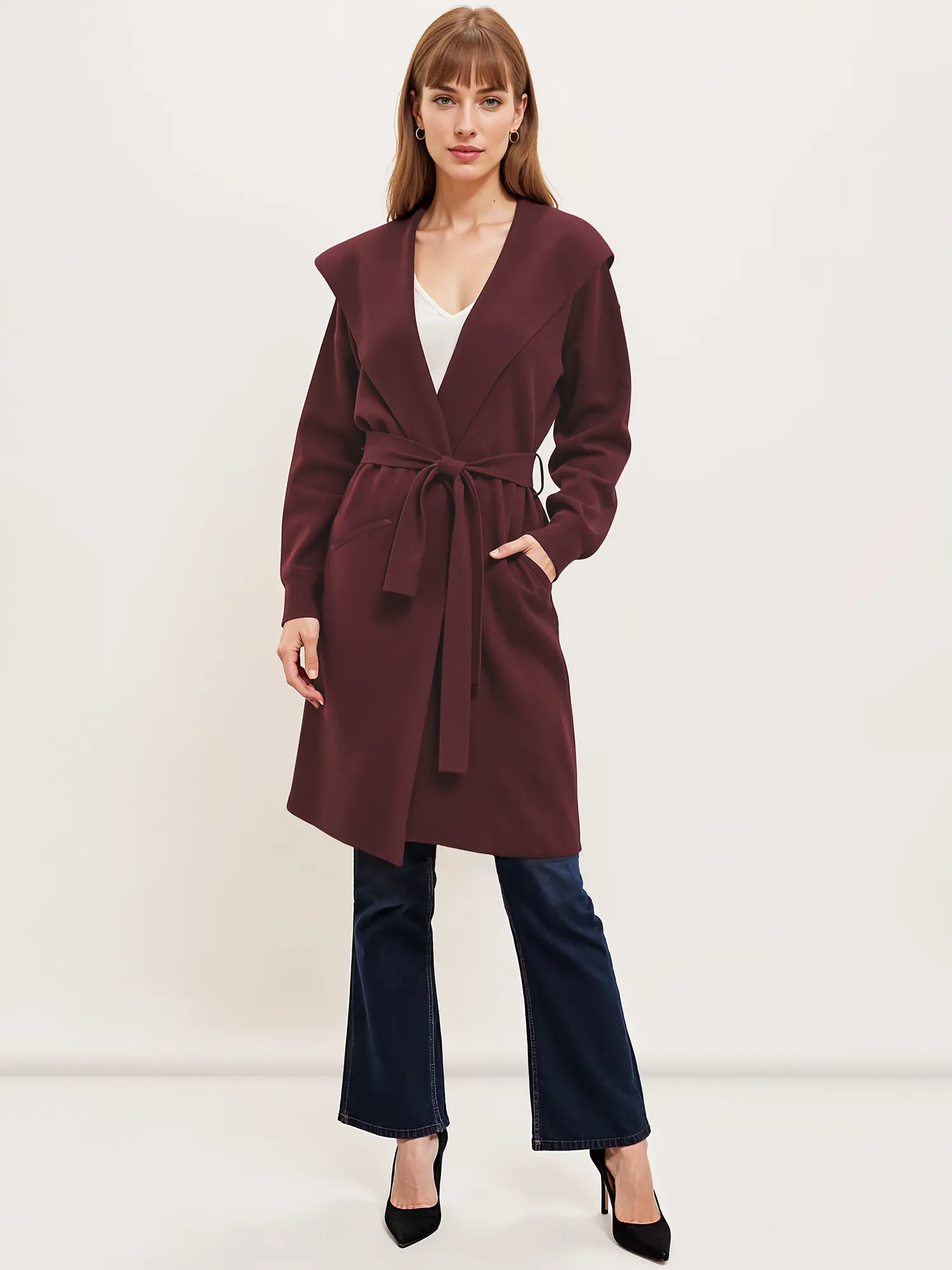 Open Tie Waist Ribbed Sweater Coat