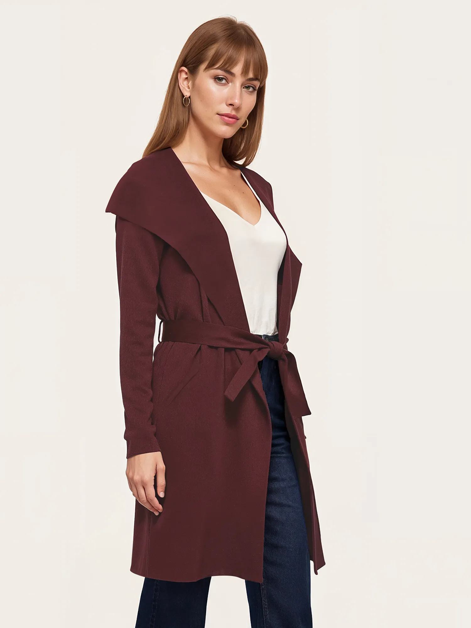 Open Tie Waist Ribbed Sweater Coat