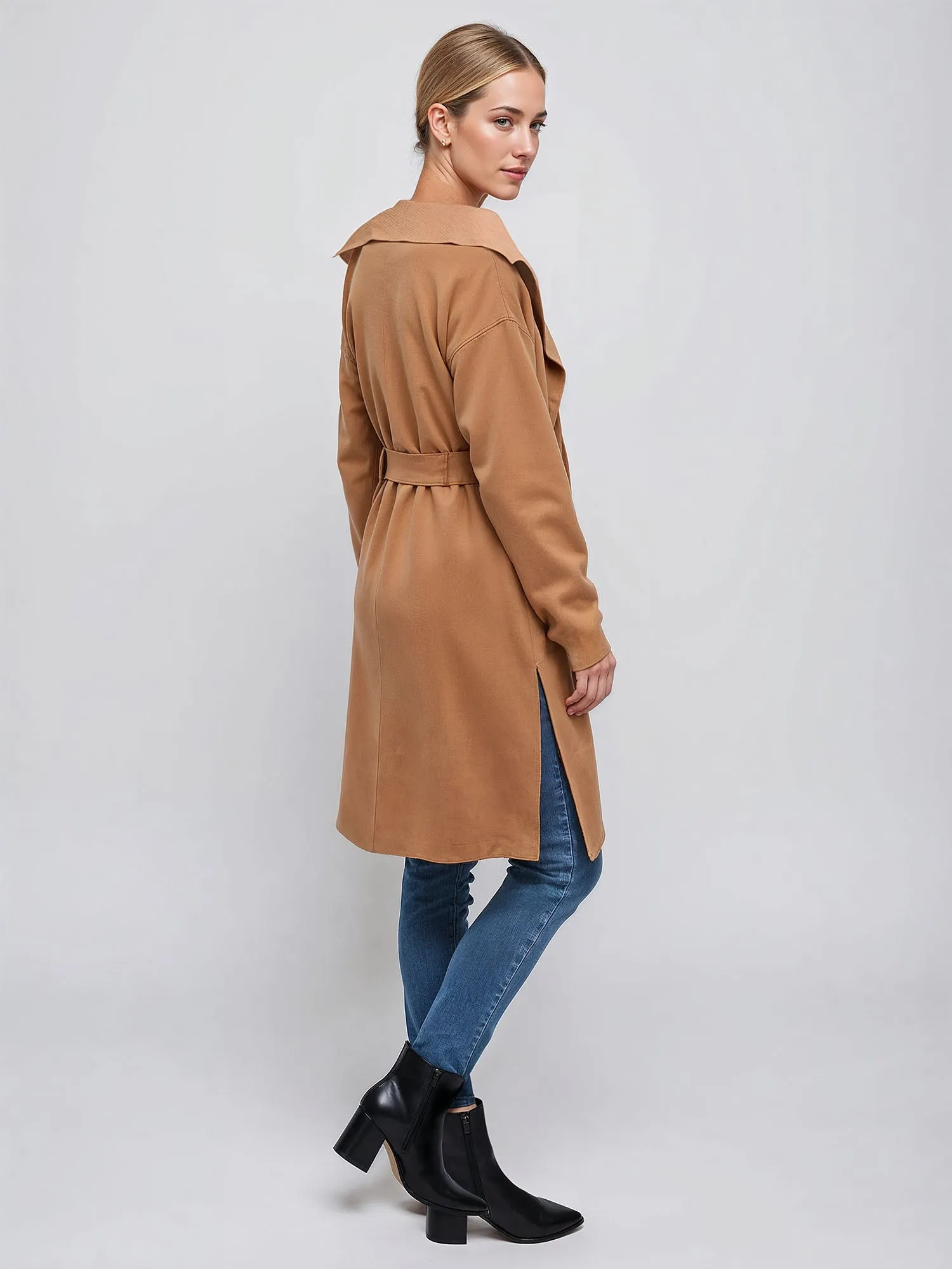 Open Tie Waist Ribbed Sweater Coat