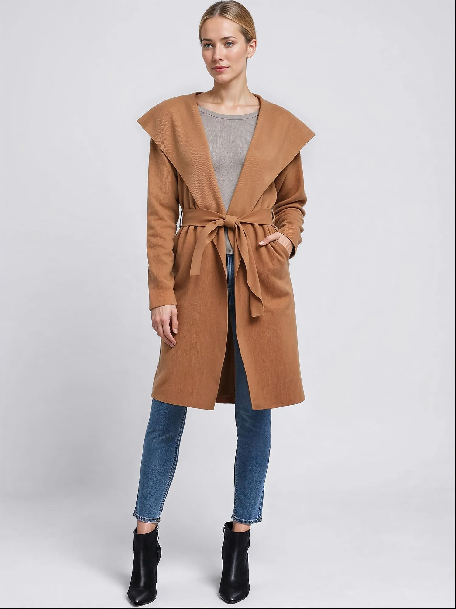 Open Tie Waist Ribbed Sweater Coat