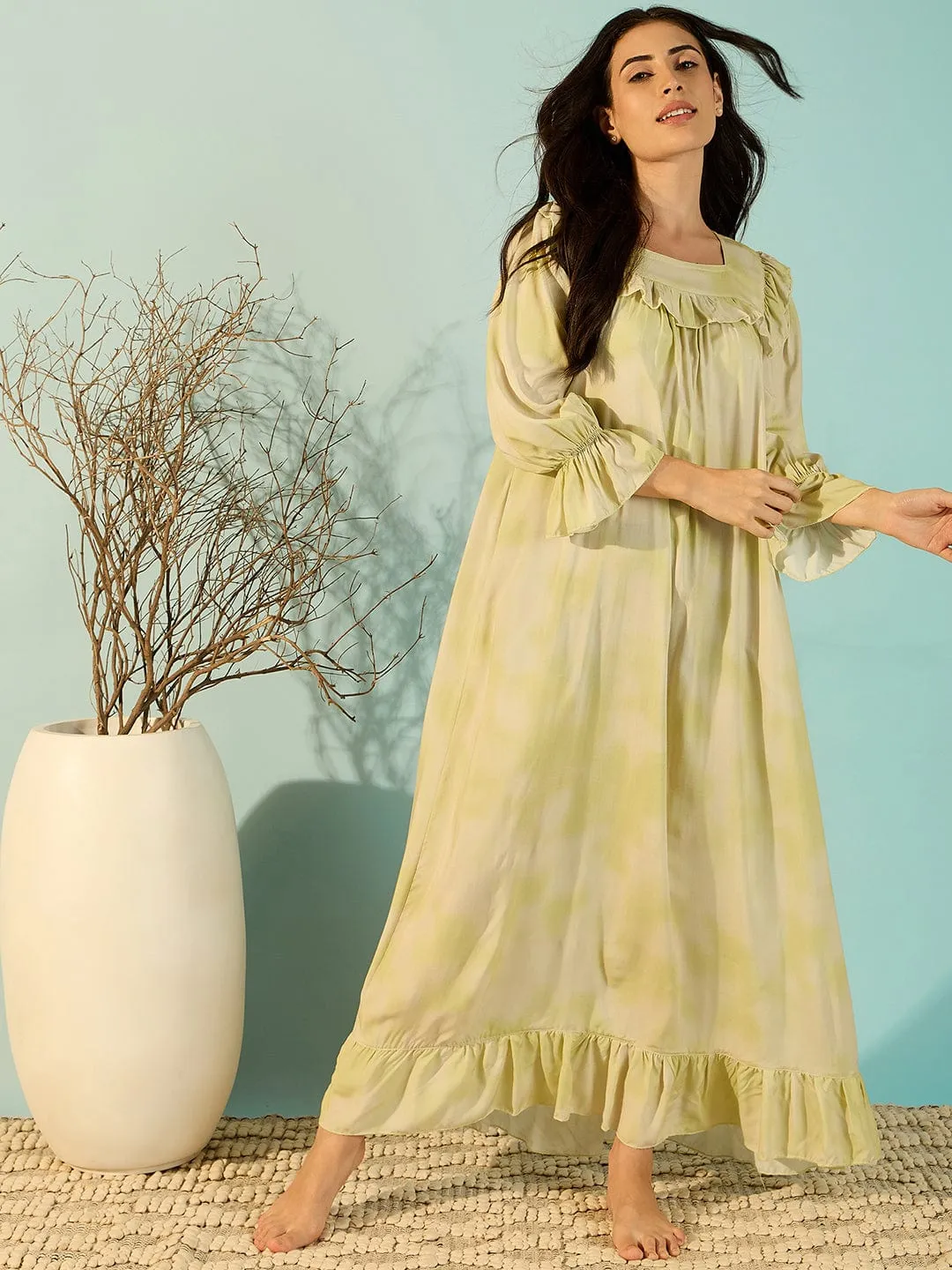 Pastel Yellow Soft Frill Luxury Night Dress For Women