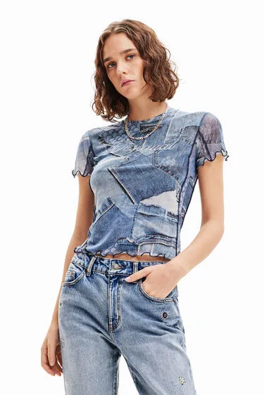 Patchwork Denim mesh  Top