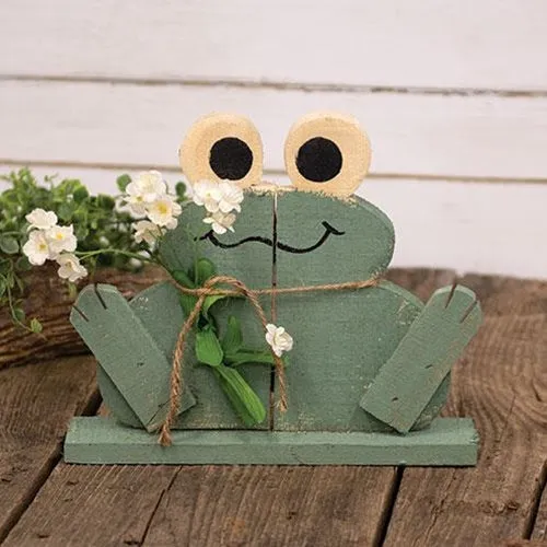 Rustic Wood Happy Frog on Base w/Flowers