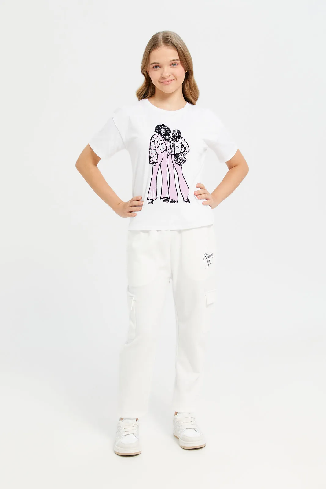 Senior Girls White Girly Print Oversize T-Shirt With Rhinestones