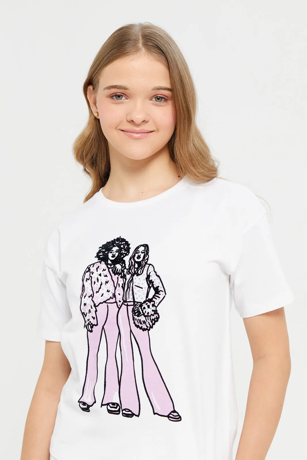 Senior Girls White Girly Print Oversize T-Shirt With Rhinestones