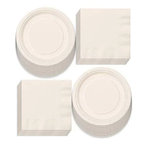 Solid Ivory Paper Dinner Plates and Luncheon Napkins, Off-White Party Supplies and Table Decorations (Serves 16)