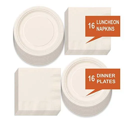 Solid Ivory Paper Dinner Plates and Luncheon Napkins, Off-White Party Supplies and Table Decorations (Serves 16)