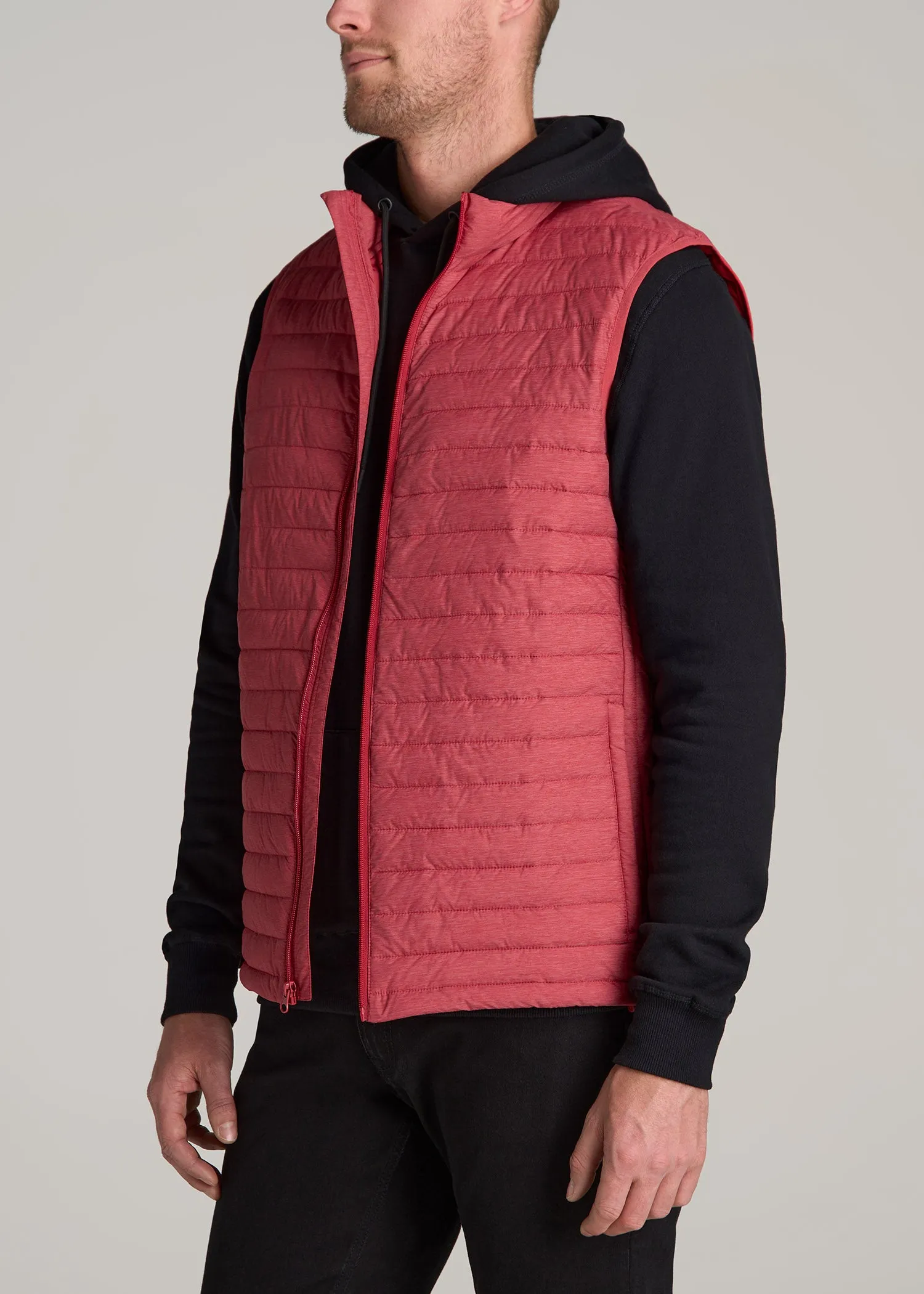 Tall Men's Packable Puffer Vest in Red Space Dye