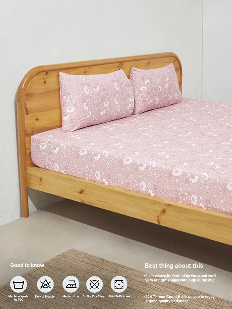 Westside Home Pink Floral Design King Bed Fitted Sheet with Pillowcase Set