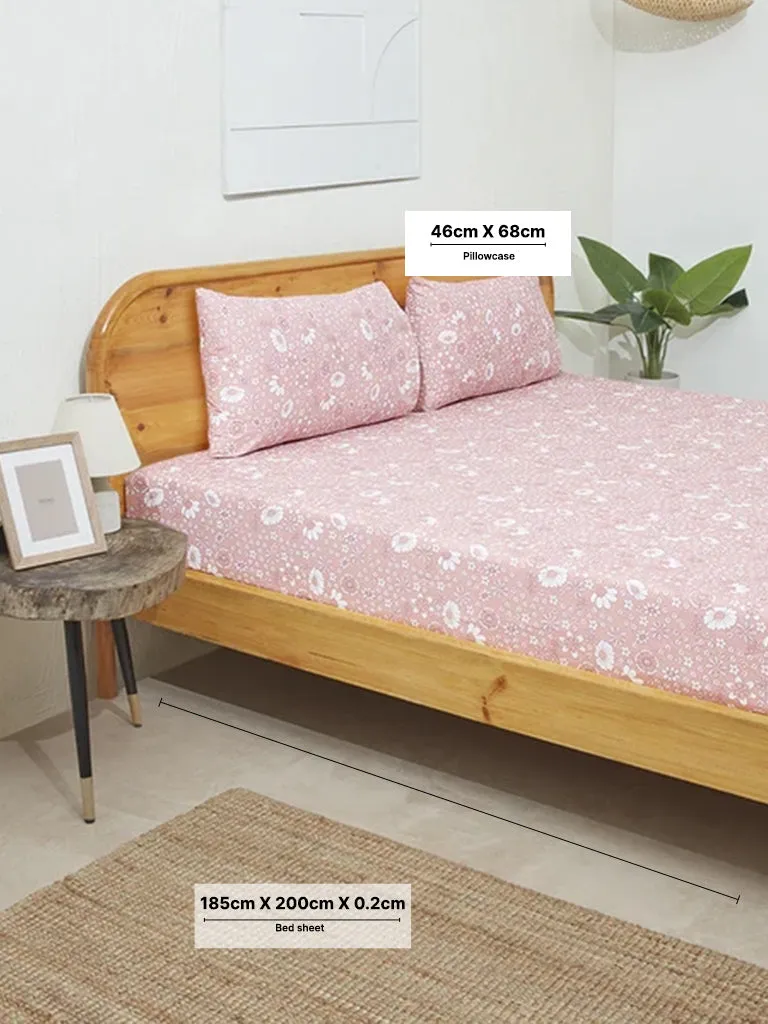 Westside Home Pink Floral Design King Bed Fitted Sheet with Pillowcase Set